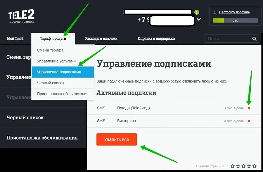 Как удалить подписки на Tele2?