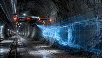 Промышленный дрон "ИнноСпектор" строит голографическую 3D-модель рудоспуска в освещенном тоннеле шахты