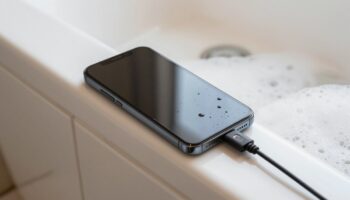 Смартфон на зарядке лежит на краю ванны с пеной