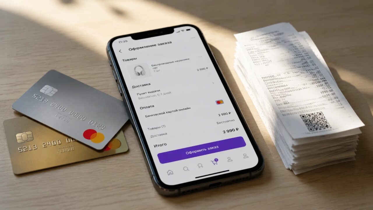 Две банковские карты и смартфон со страницей оформления заказа