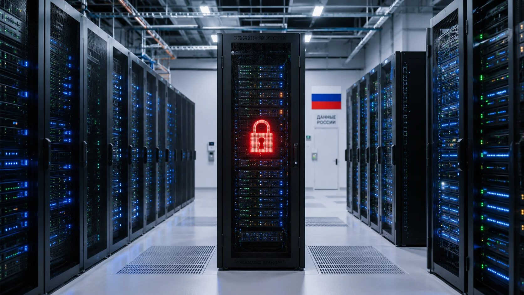 Крупный план серверной стойки с современным оборудованием в дата-центре, синие и зеленые индикаторы работы.