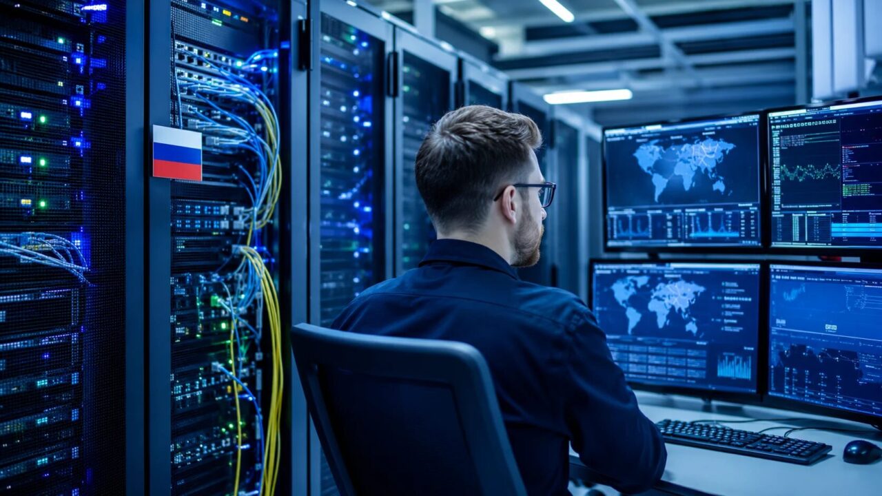 Современная серверная комната дата-центра с IT-администратором и экранами мониторинга VPN