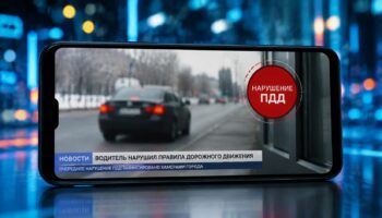 Смартфон с видео нарушения ПДД и предупреждающей маркировкой на экране
