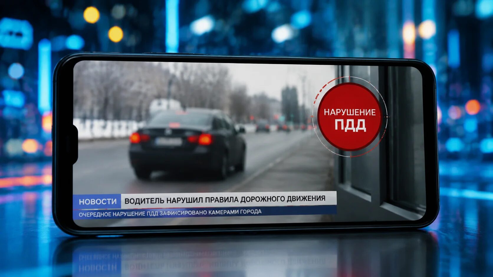 Смартфон с видео нарушения ПДД и предупреждающей маркировкой на экране