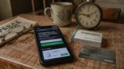 Смартфон с поддельным сайтом аптеки на советском столе