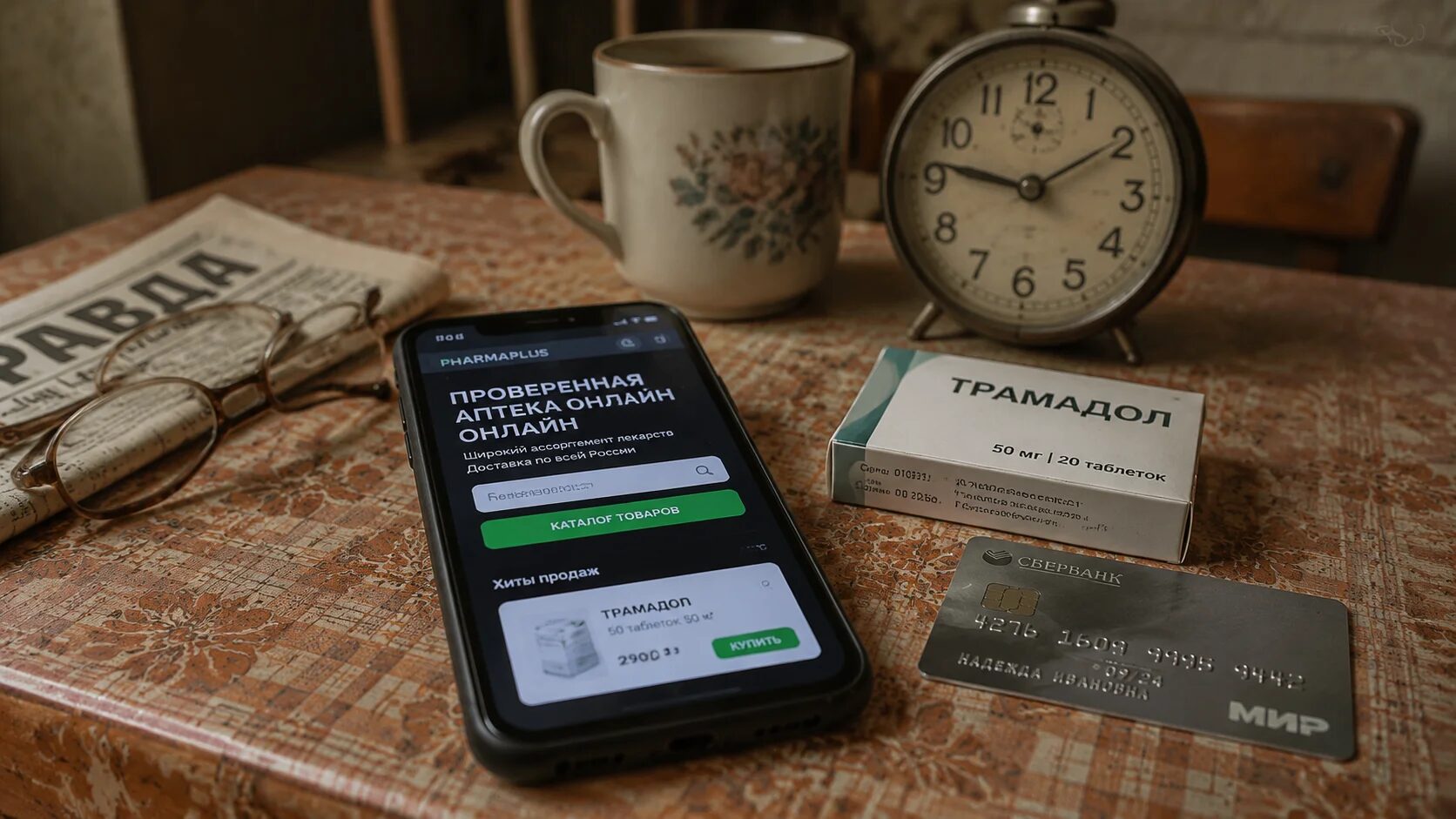 Смартфон с поддельным сайтом аптеки на советском столе