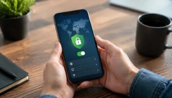 Руки с телефоном, на экране интерфейс VPN