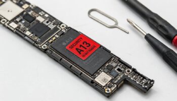 Системная плата iPhone с процессором A13 и красной предупреждающей наклейкой на антистатическом коврике