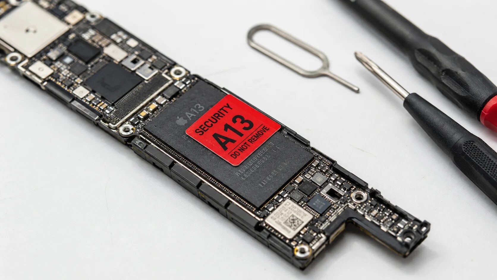 Системная плата iPhone с процессором A13 и красной предупреждающей наклейкой на антистатическом коврике