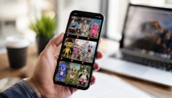 Человеческая рука держит смартфон с YouTube Shorts, на экране — низкокачественные мультяшные превью.