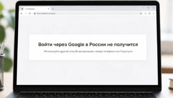 Экран ноутбука с сообщением об ошибке на русском языке "Войти через Google в России не получится" и инструкцией использовать номер телефона или Госуслуги