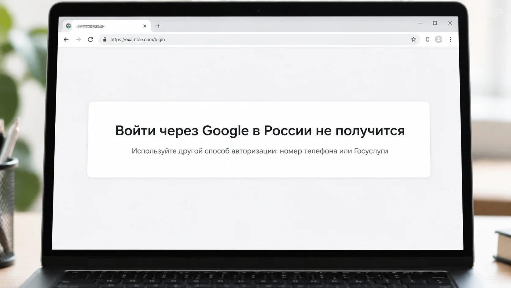 Экран ноутбука с сообщением об ошибке на русском языке "Войти через Google в России не получится" и инструкцией использовать номер телефона или Госуслуги