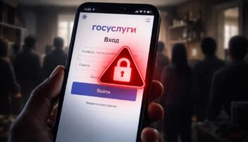 Смартфон с экраном взлома Госуслуг и силуэты людей в квартире