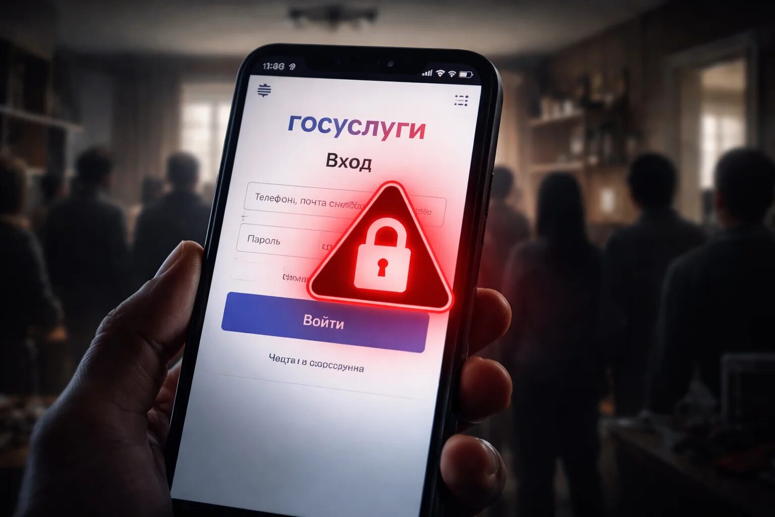 Смартфон с экраном взлома Госуслуг и силуэты людей в квартире