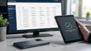 овременный смартфон и сим-карта на офисном столе, на мониторе отображается база данных с IMEI-номерами, рука держит планшет с подтверждением регистрации.