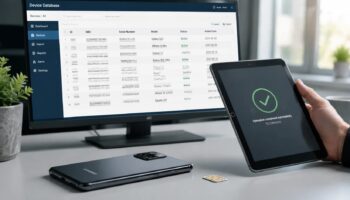 овременный смартфон и сим-карта на офисном столе, на мониторе отображается база данных с IMEI-номерами, рука держит планшет с подтверждением регистрации.