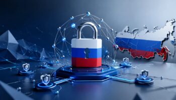 Абстрактное изображение цифрового замка и сетевых узлов в сине-серых тонах, символизирующее концепцию государственного VPN
