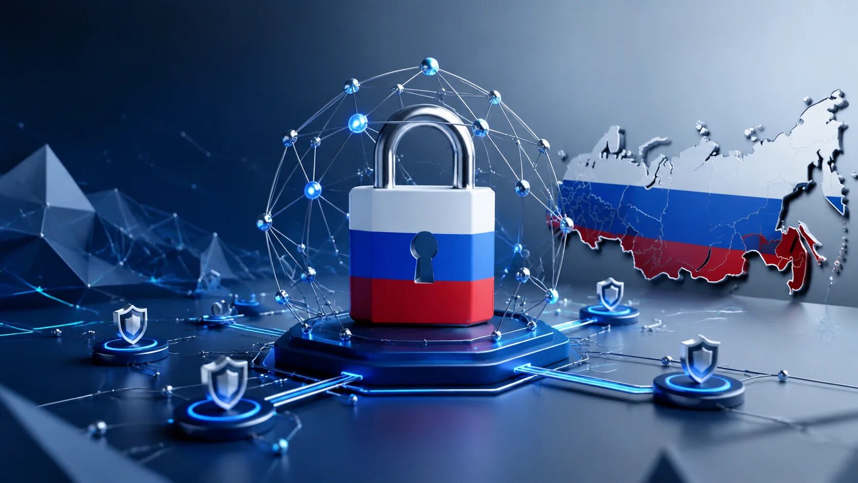 Абстрактное изображение цифрового замка и сетевых узлов в сине-серых тонах, символизирующее концепцию государственного VPN