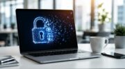 Ноутбук с треснувшим цифровым замком на экране на светлом офисном столе