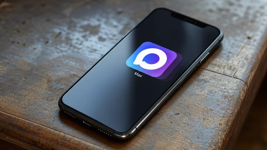 Старый стол, на нём iPhone c иконкой мессенджера Макс