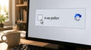 Экран компьютера с фальшивой капчей "я не робот", курсор мыши наведен на галочку