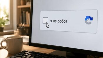Экран компьютера с фальшивой капчей "я не робот", курсор мыши наведен на галочку
