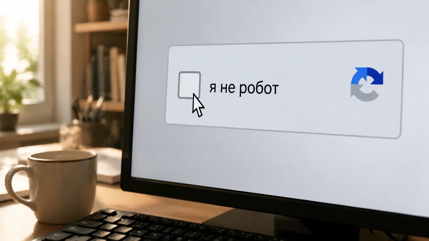 Экран компьютера с фальшивой капчей "я не робот", курсор мыши наведен на галочку