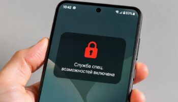 Крупный план экрана Android-смартфона с красным значком блокировки и уведомлением о доступе к специальным возможностям