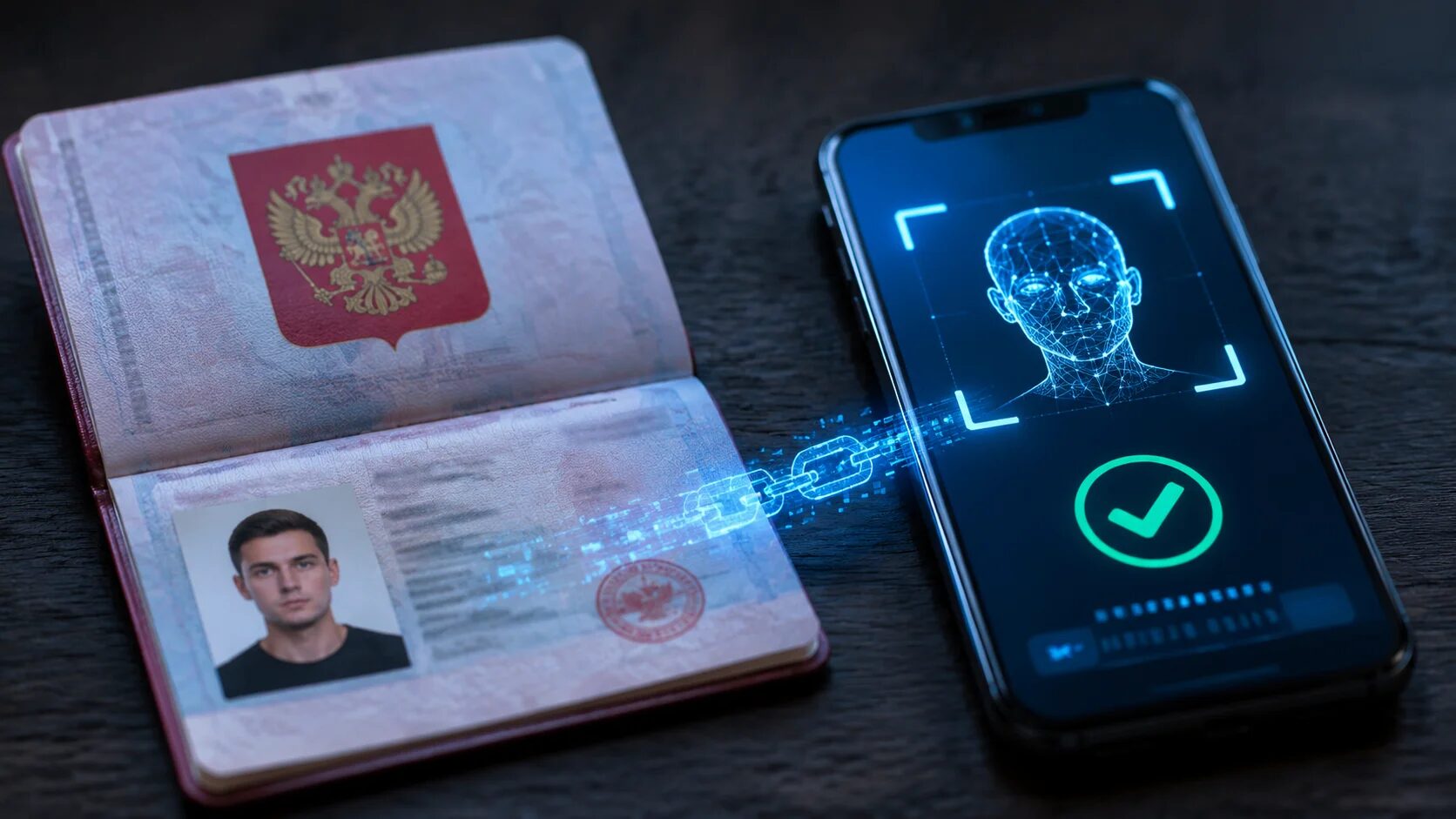 Российский паспорт и смартфон с подтверждением возраста на экране