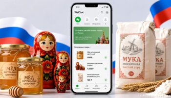 Смартфон с приложением WeChat, российские товары: мед, мука и матрешки на светлом фоне