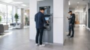 Человек у банкомата прикрывает рукой клавиатуру, рядом стоит другой с телефоном