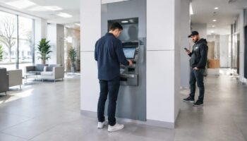 Человек у банкомата прикрывает рукой клавиатуру, рядом стоит другой с телефоном
