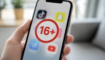 Смартфон с запретом 16+ и иконками соцсетей