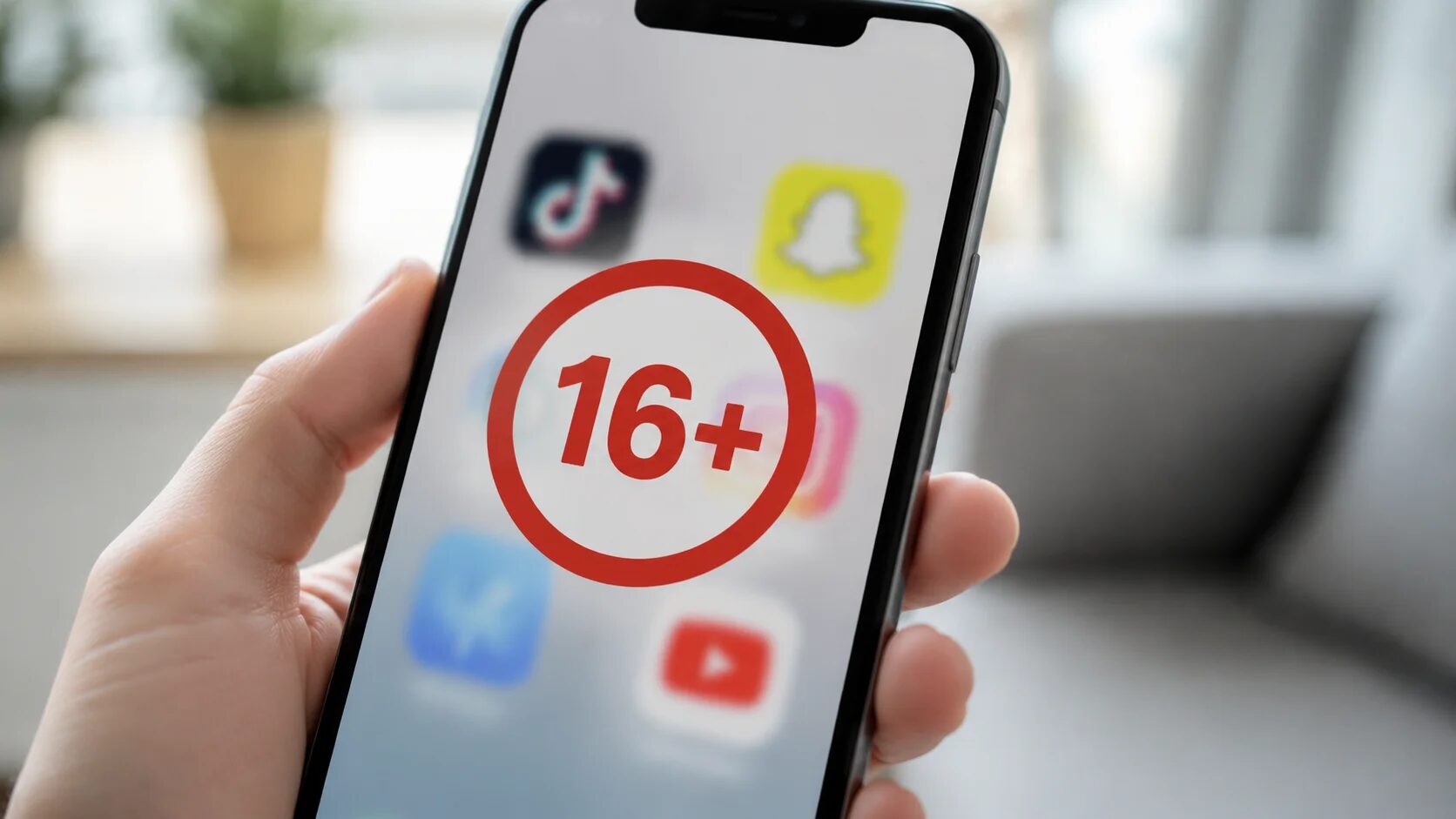 Смартфон с запретом 16+ и иконками соцсетей