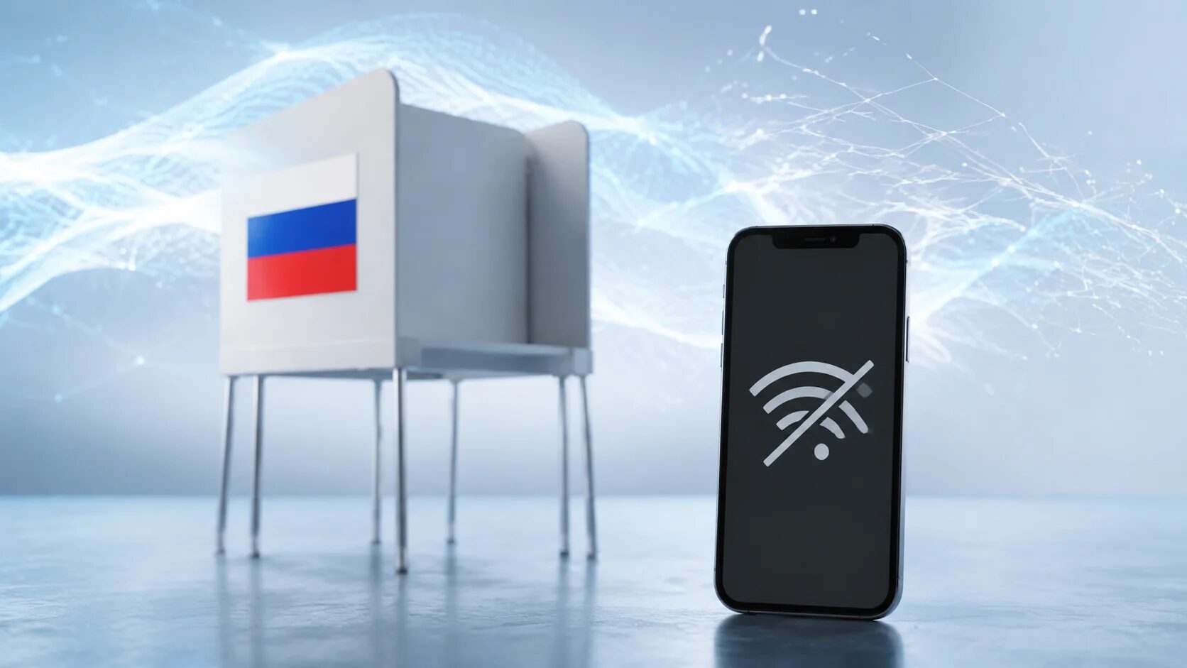 Смартфон с надписью "Нет сигнала" на фоне кабинки для голосования и российского флага