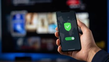 Рука человека держит смартфон с включенным VPN на экране на фоне размытого интерфейса стримингового сервиса