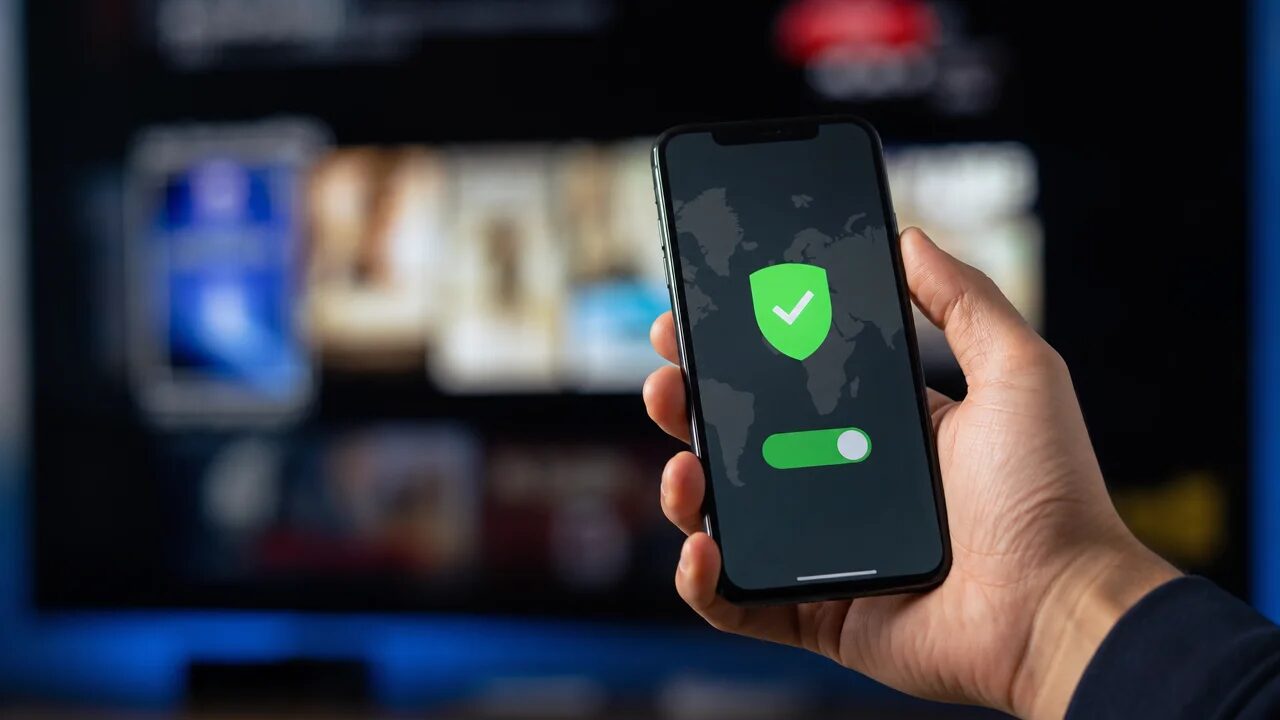 Рука человека держит смартфон с включенным VPN на экране на фоне размытого интерфейса стримингового сервиса