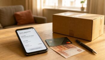 На столе лежат смартфон с открытым приложением маркетплейса на русском, банковская карта и бумажная купюра