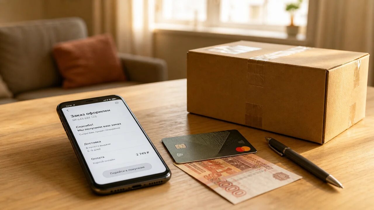 На столе лежат смартфон с открытым приложением маркетплейса на русском, банковская карта и бумажная купюра