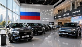 Современный автосалон с российскими автомобилями Лада, Аурус и Москвич.