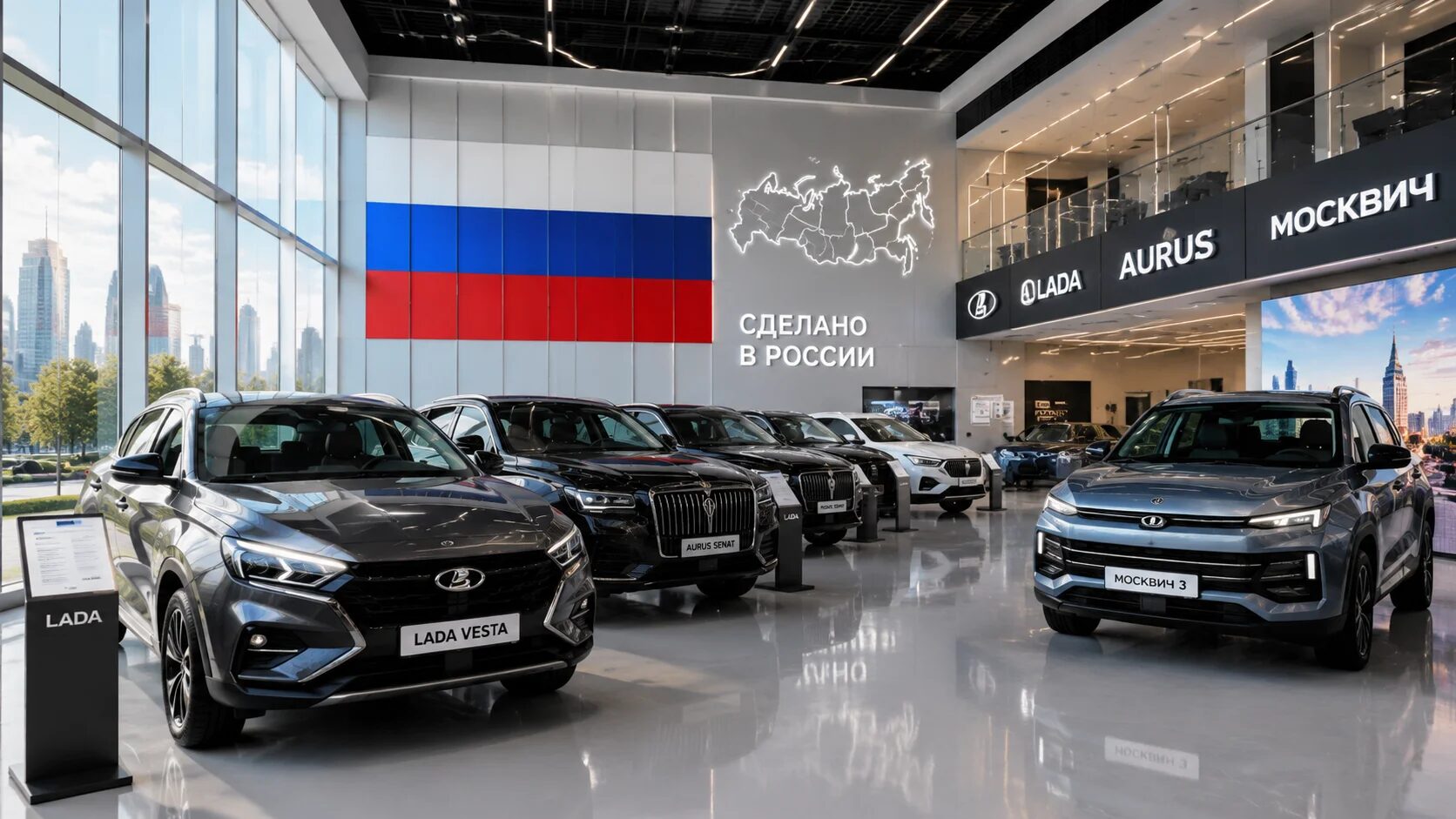 Современный автосалон с российскими автомобилями Лада, Аурус и Москвич.