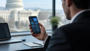 Деловой человек в костюме держит смартфон на фоне размытого здания правительства США, на экране виджеты и строки кода