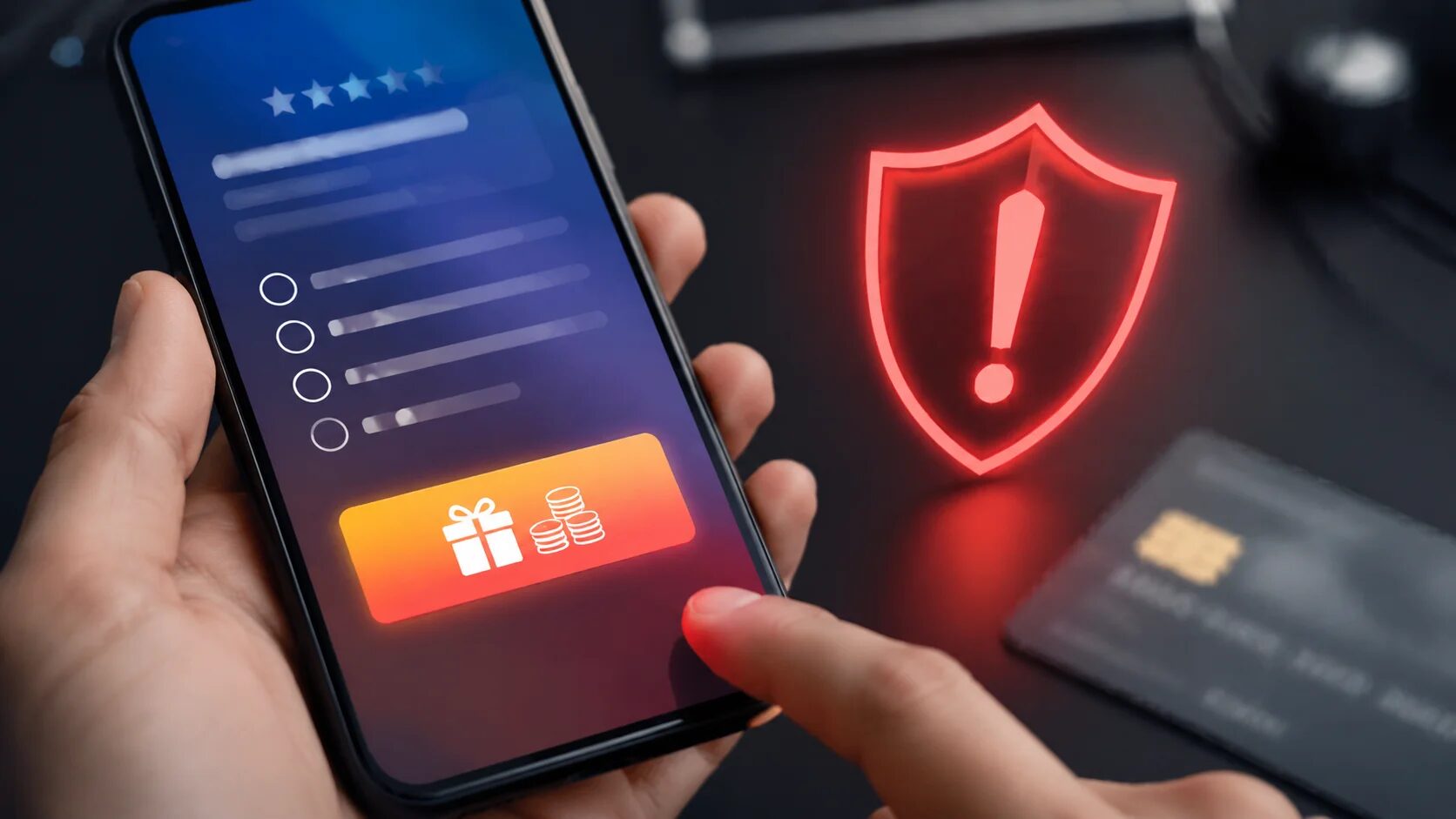 Мошеннический опрос на экране смартфона с обещанием 300 тысяч рублей и значок защиты данных