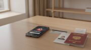Смартфон с банковским приложением и красной иконкой блокировки на экране, рядом карта, паспорт и чек