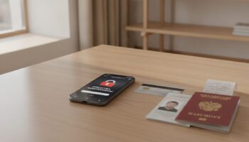 Смартфон с банковским приложением и красной иконкой блокировки на экране, рядом карта, паспорт и чек