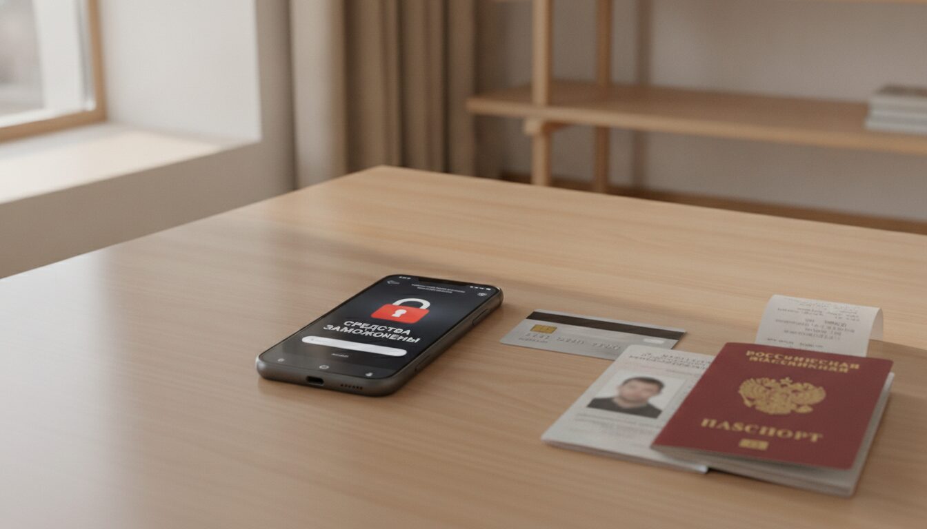 Смартфон с банковским приложением и красной иконкой блокировки на экране, рядом карта, паспорт и чек