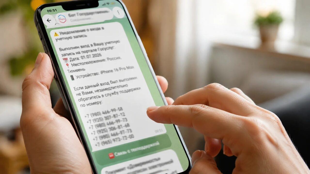 Крупный план экрана смартфона с сообщением от мошенников в Телеграме, палец наведен на экран