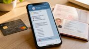 Телеграм с сообщением от Бота Государственных Услуг на экране смартфона, рядом карта и паспорт