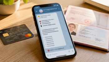 Телеграм с сообщением от Бота Государственных Услуг на экране смартфона, рядом карта и паспорт