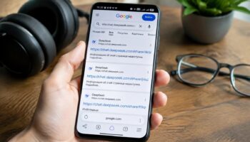 Рука держит смартфон с поиском Google